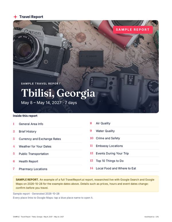 Cover of the Tbilisi, Georgia sample travel report